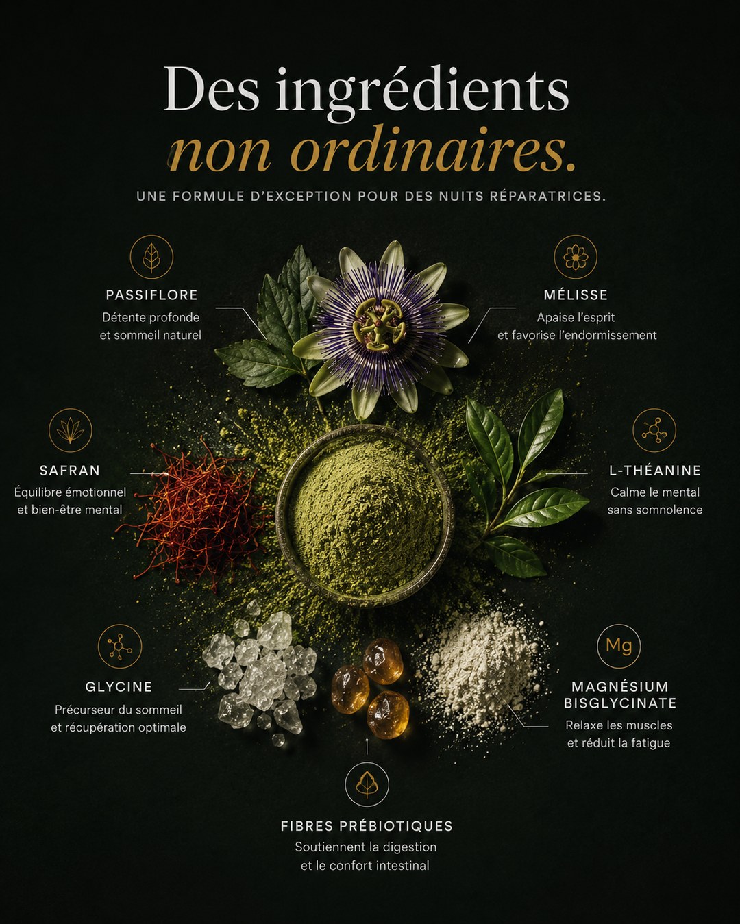 Les ingrédients Kore : passiflore, mélisse, safran, L-théanine, glycine, magnésium bisglycinate, fibres prébiotiques