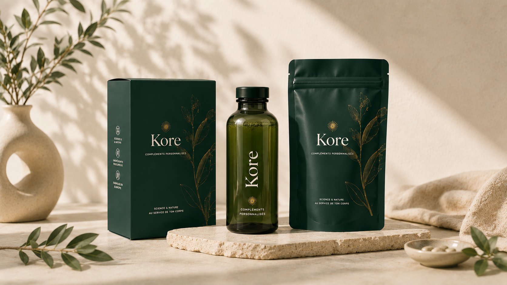 La gamme Kore : box, flacon et sachet